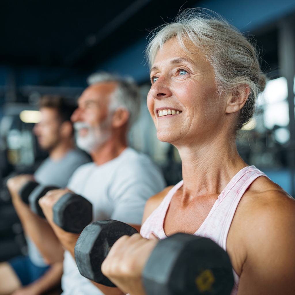 Усмихнати европейски мъж и жена на средна възраст в спортни дрехи в модерна фитнес зала, демонстриращи силова тренировка с гири