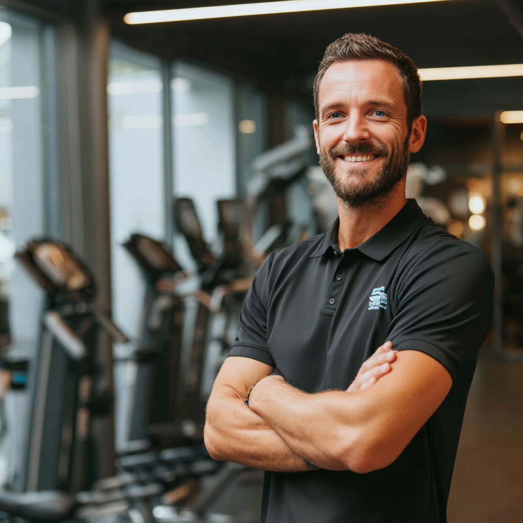 Професионален европейски фитнес инструктор на около 35 години с широка усмивка, демонстриращ упражнения в светла тренировъчна зала
