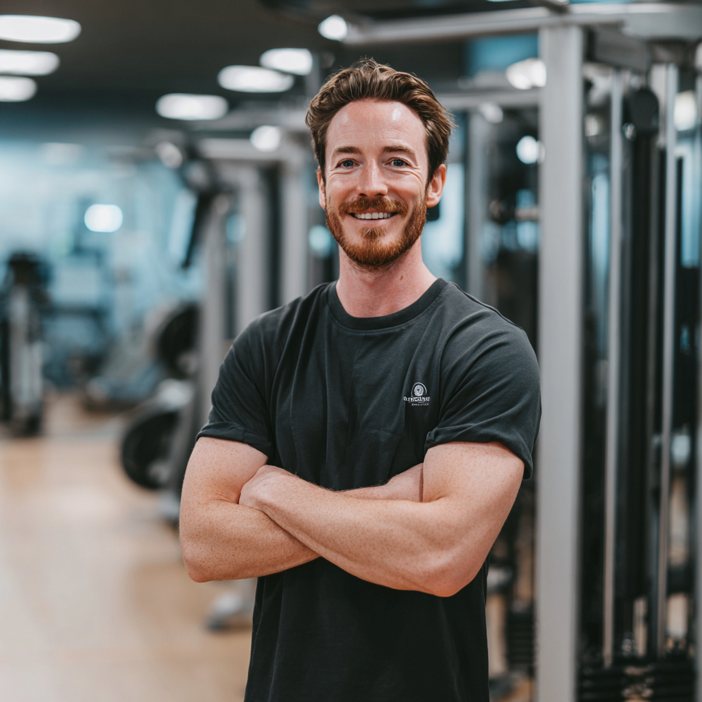 Усмихнат европейски фитнес консултант на около 40 години в професионален офис със спортни елементи, готов да помогне с персонални фитнес планове